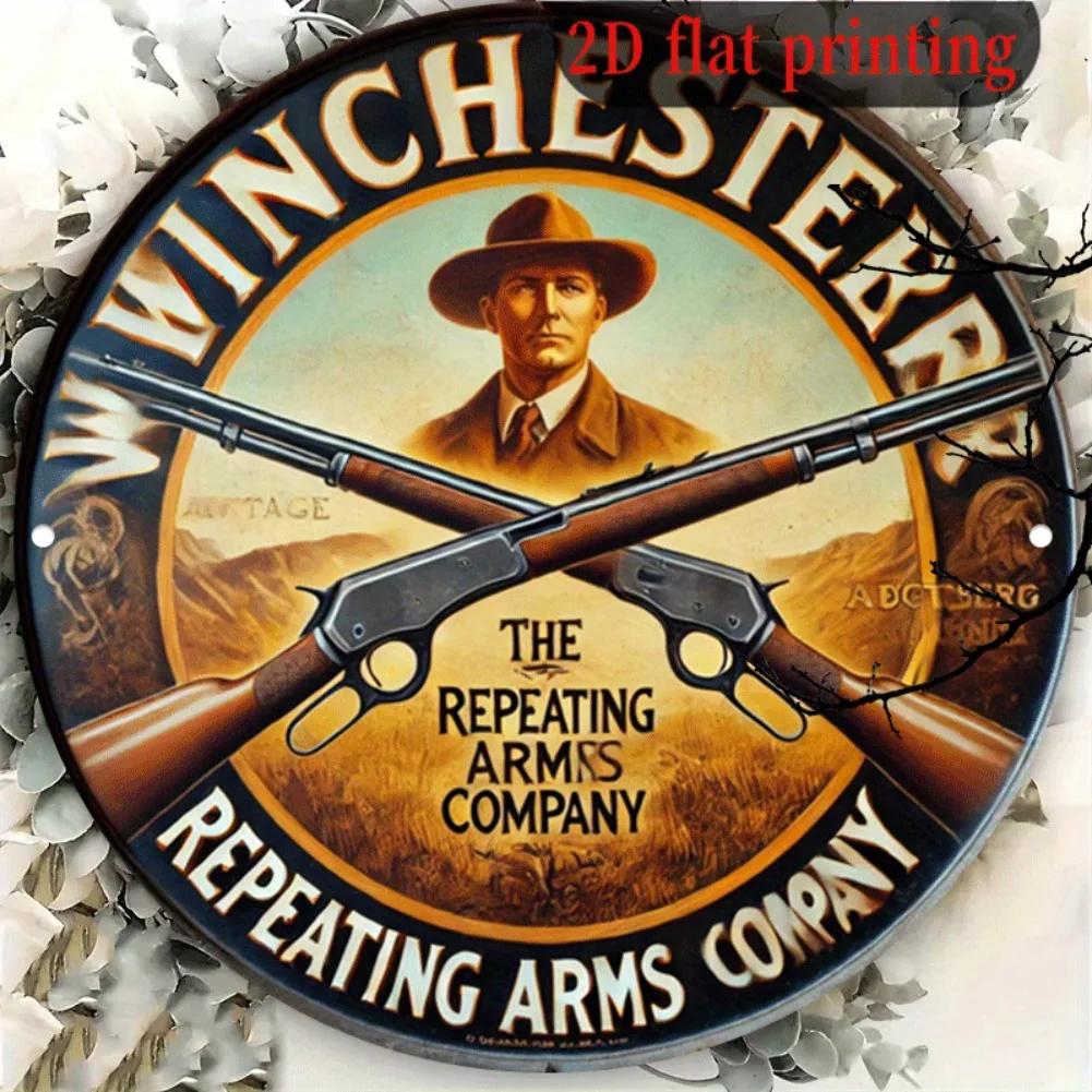 Plaque métallique ronde vintage style rétro Western de la Winchester Repeating Arms Company, design 
