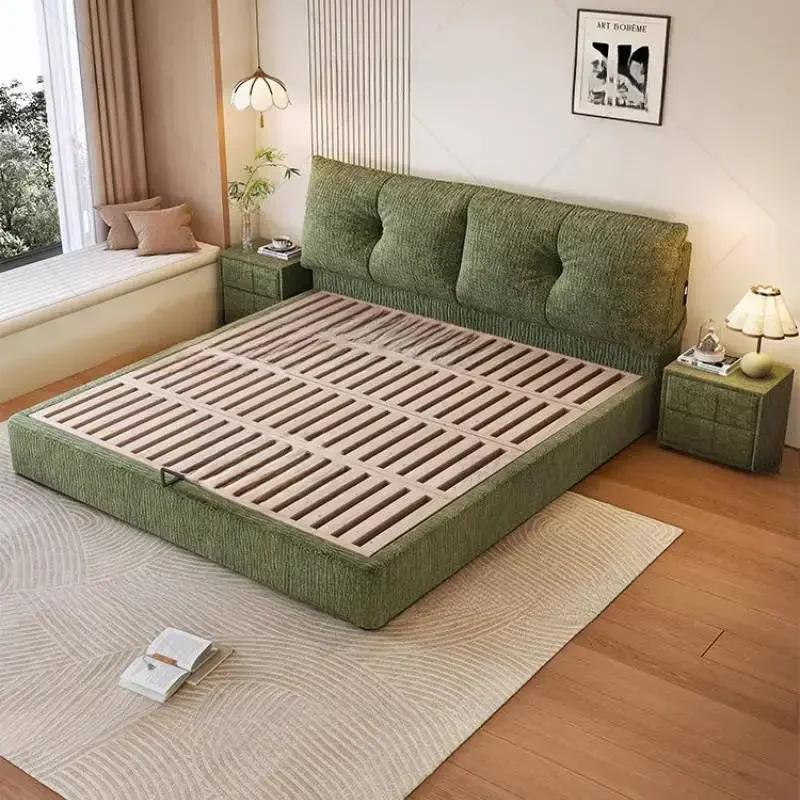 Lit double européen vert pour couples, grand lit flottant en bois avec rangement, style Cama Matrimo