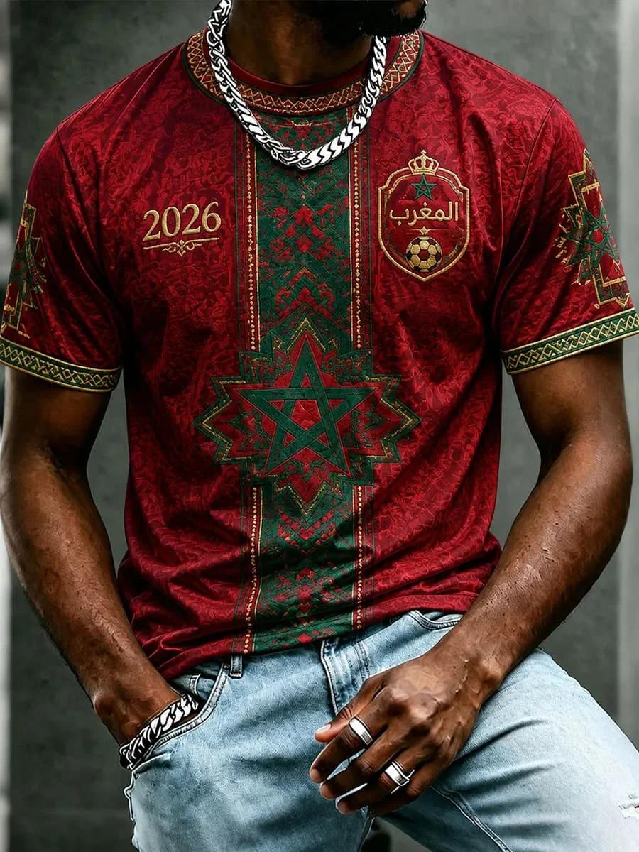 T-shirt de supporter de football Maroc 2026, T-shirt à manches courtes pour homme avec imprimé lettr