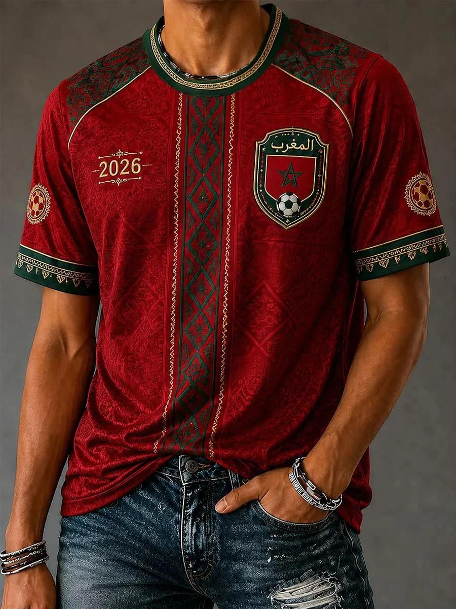 Nouveau T-shirt de football de l'équipe nationale du Maroc 2026, col en V, imprimé script et étoiles