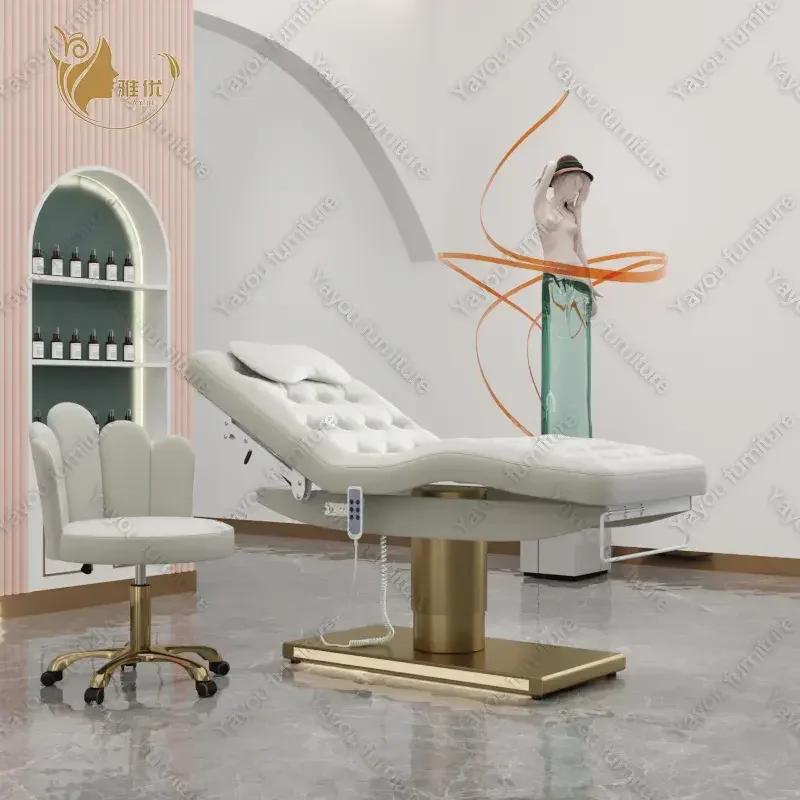 Lit de beauté électrique à 3 moteurs avec Base cylindrique dorée, éclairage LED pour Salon, Spa, cha