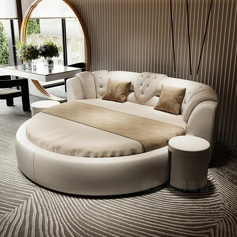 Grand Lit Double Rond de Style Européen Moderne et Minimaliste, Mobilier de Luxe pour Chambre à Couc