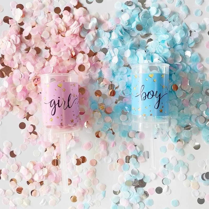 Canon à confettis révélation genre poussoir papier bleu rose fête baptême décoration fournitures anniversaire