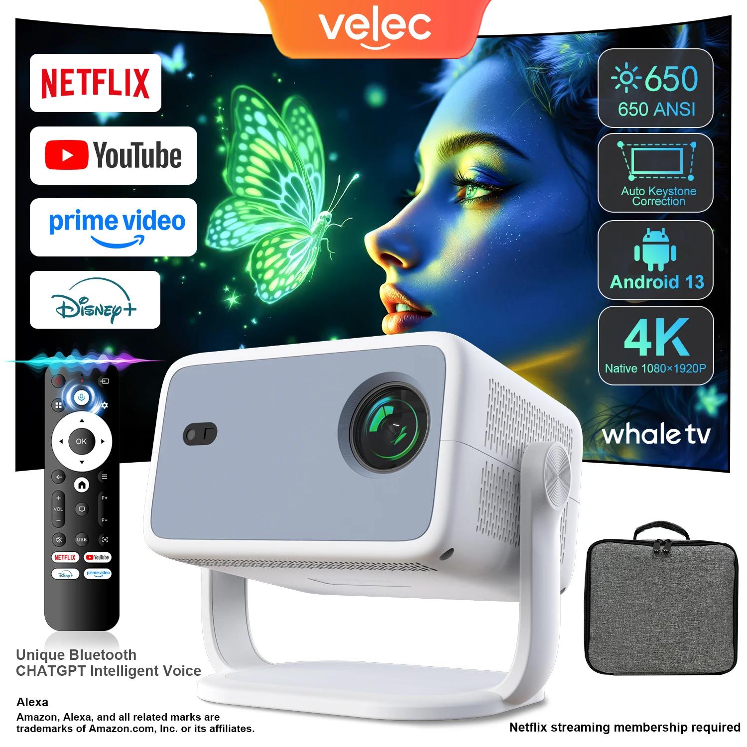 Projecteur Android 13 Velec 1080P 650ANSI portable extérieur - Compatible Netflix 4K WiFi6