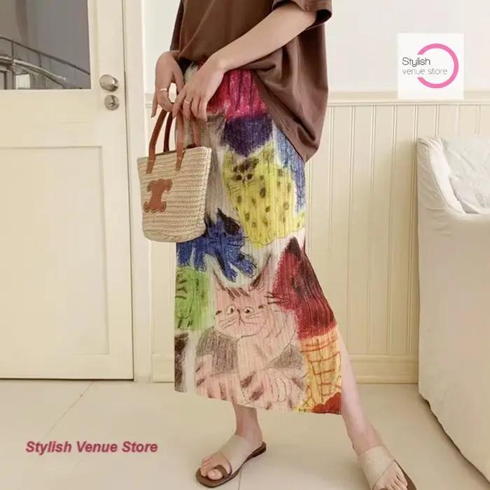 Jupe plissée imprimée Issey Miyake haut de gamme de style japonais pour femme, niche d'été, slim, haut sens, nouvelle jupe chaton.