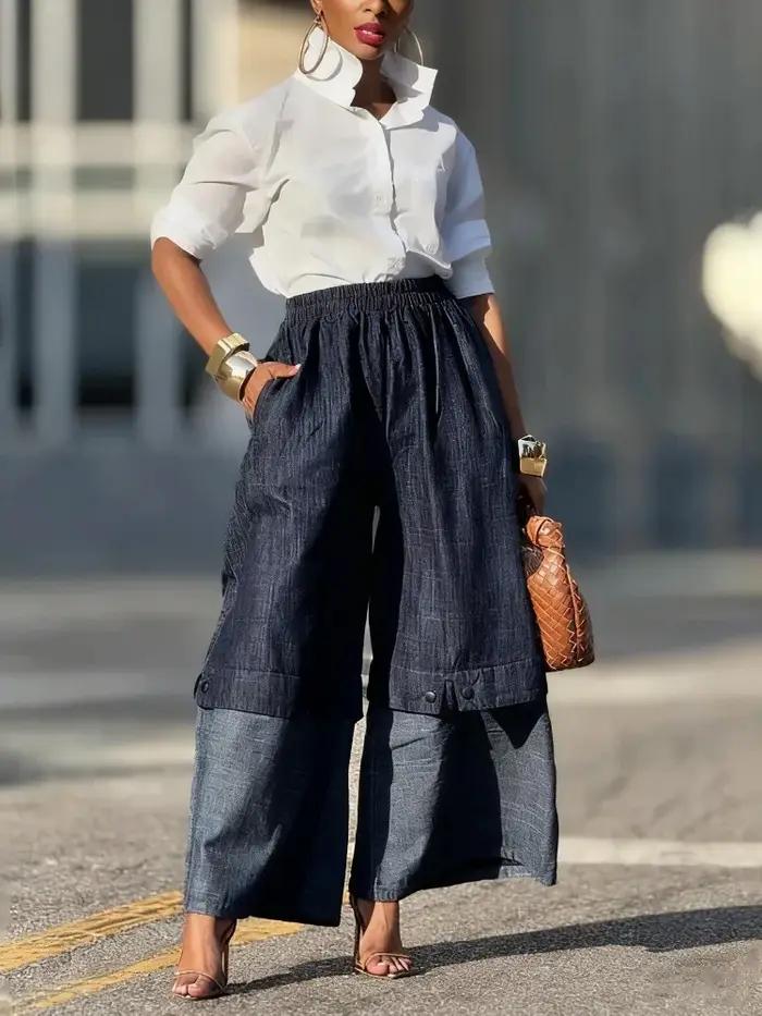 Pantalon à jambes larges UOOZEE en coton polyester viscosé pour femmes style high street urbain décontracté printemps été