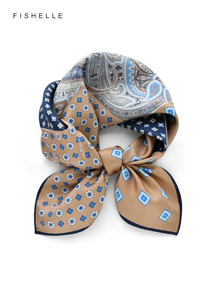 Petit Foulard Carré en Soie Naturelle Patchwork de Couleur Camel, Hijab pour Femme et Homme, Cadeaux