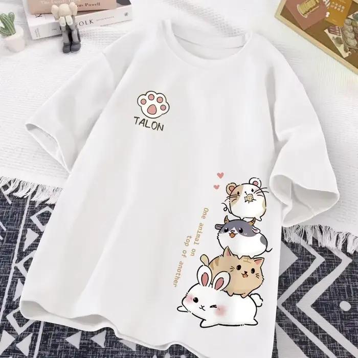 Japonais mignon Hamster Style doux imprimé usage quotidien à manches courtes T-shirt femmes ample décontracté adolescent