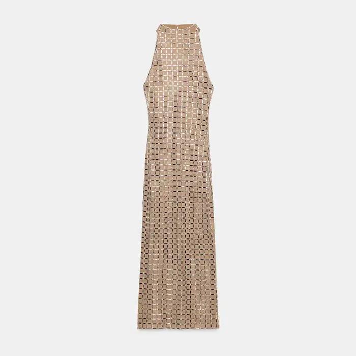 Femmes Sexy Flash motif à carreaux jupe longue élégant cou suspendu dos nu coupe ajustée Robe