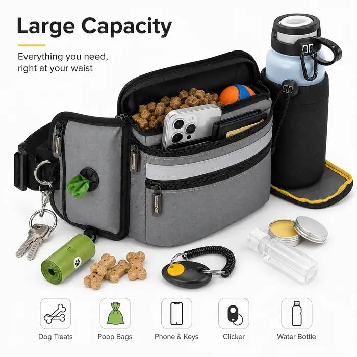 Sac banane pour dressage de chien avec distributeur de sacs à déjections et porte-bouteille d'eau, réglable pour promenade et formation, sac de taille unisexe en polyester pour chiens et propriétaires