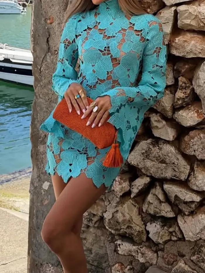 Robe chemise chic pour femme en dentelle ajourée