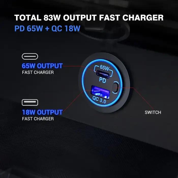 83W 12V USB Outlet Laptop Charger 65W USB-C PD3.0 & 18W QC3.0 Multi Car USB Port Socket Waterproof w