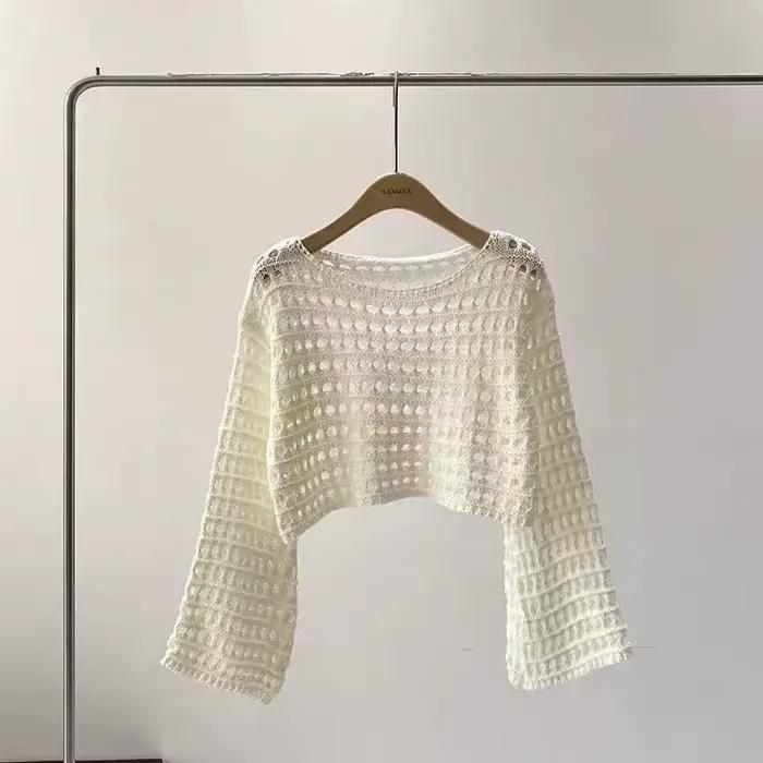 Haut en tricot au Crochet à manches longues pour femmes, Cover-Up pour Bikini de plage, pull court e