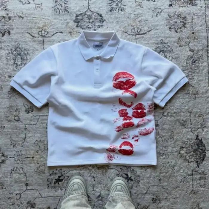 T-shirt polo à manches courtes pour hommes européens et américains, personnalisé avec un motif de lèvres, doux et respirant, décontracté pour l'extérieur