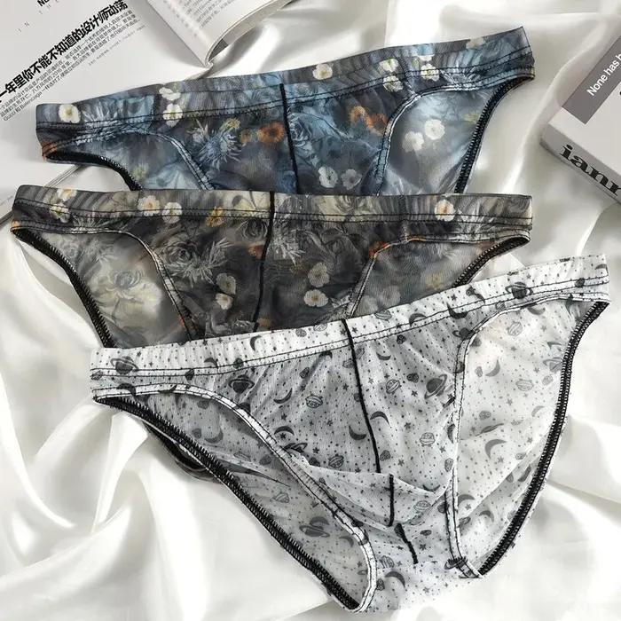Sous-vêtements pour hommes en maille ultra-fine, imprimés, transparents, sexy avec poche en U, taille basse, confortables et respirants, polyesters et élasthanne, pour toutes les saisons