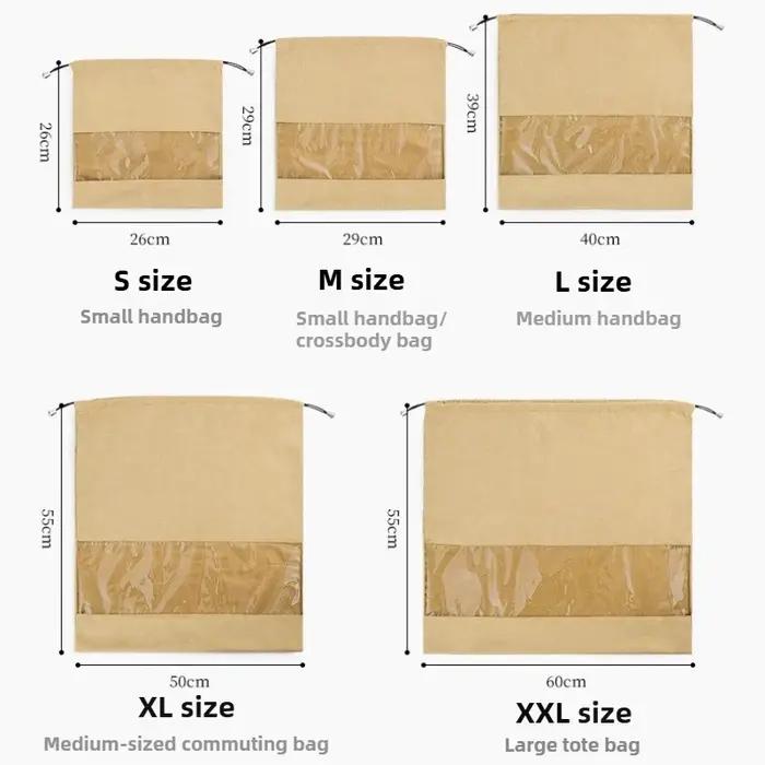 Sac en velours anti-poussière, transparent, respirant, résistant à l'humidité, entièrement fermé, de luxe, avec cordon de serrage, sac de rangement avec cordon de serrage