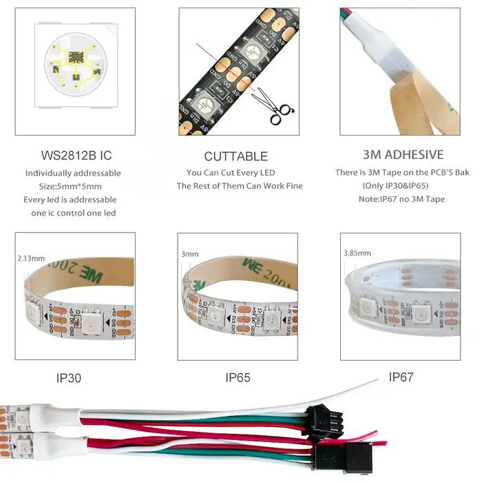 DC5V WS2812B 5 m/rouleau 30/60/144 diodes/m noir/blanc PCB IP30/IP65/IP67 5050RGB adressable individ