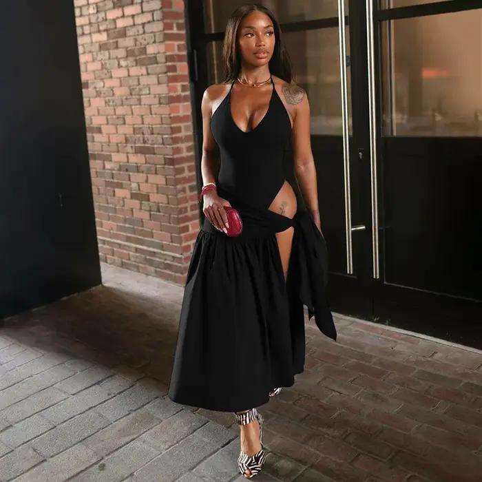Haute qualité vente chaude en gros femmes vêtements 2025 nouveau produit à la mode Sexy dos nu combinaison coupe ajustée à lacets jupe ensemble