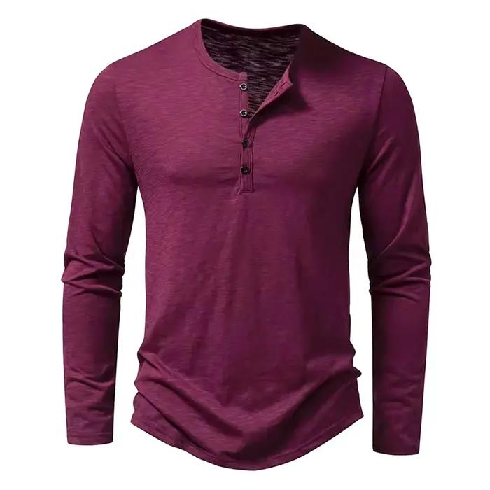T-Shirt à Manches sulfet Col Henley en Coton pour Homme, Décontracté, Solide, Respirant, Polyvalent,