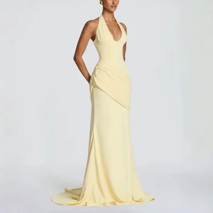 Robe longue sirène jaune beurre pour femme, dos froncé, à lacets, sans manches, élégante, pour soiré