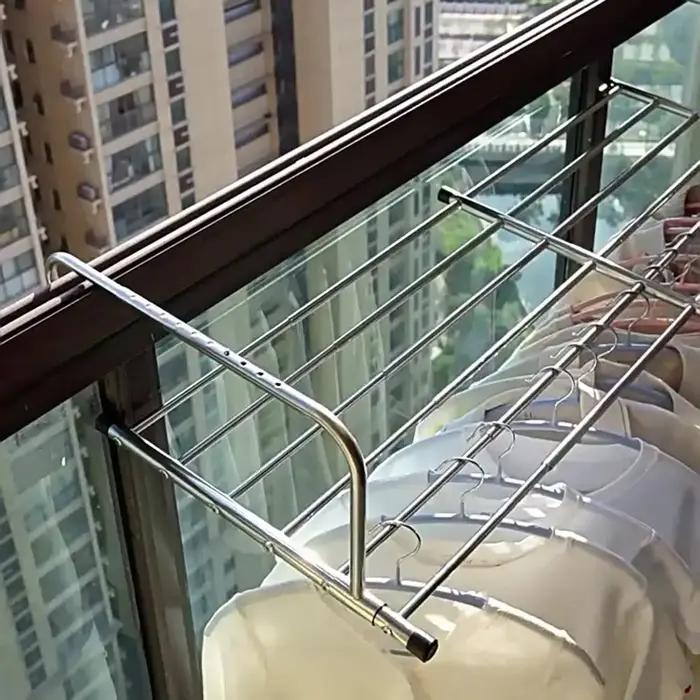 Étendoir à vêtements évolutif réglable en acier inoxydable, Rail suspendu sur pied pour balcon, 50-1