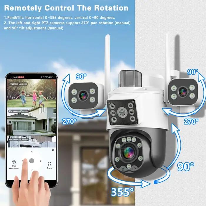 Caméra sécurité extérieure 8K 15MP 3 objectifs 3 écrans WiFi PTZ audio bidirectionnel étanche surveillance CCTV