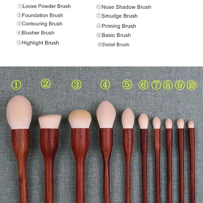 Ensemble de pinceaux de maquillage en bois de santal pour femmes avec brosse en fibre de laine 10 pièces pour fond de teint blush correcteur ombre à paupières occasions spéciales