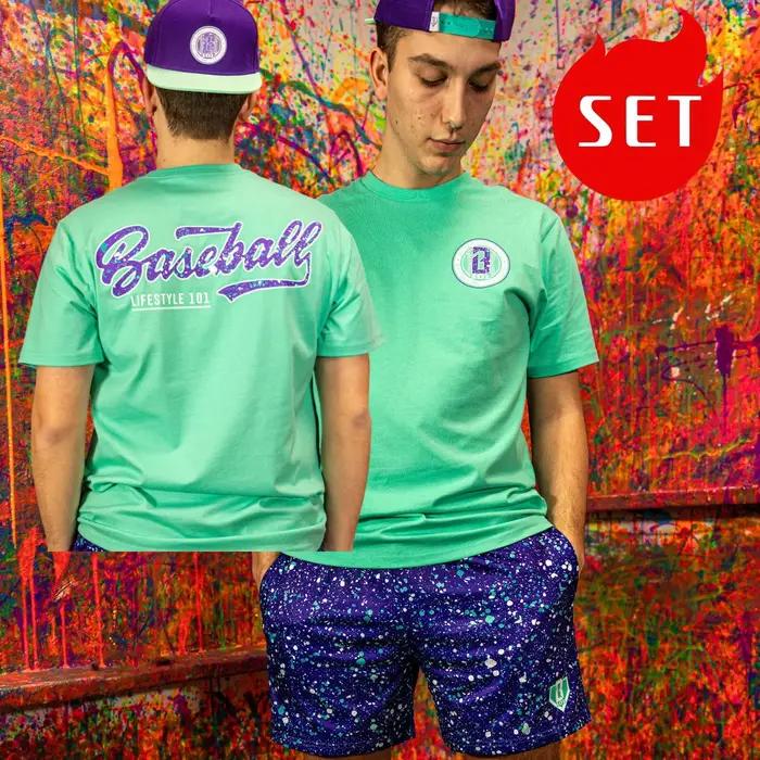 Ensemble T-shirt et short Lifestyle color-block effet éclaboussures d'encre pour adultes et enfants occasions estivales et sportives