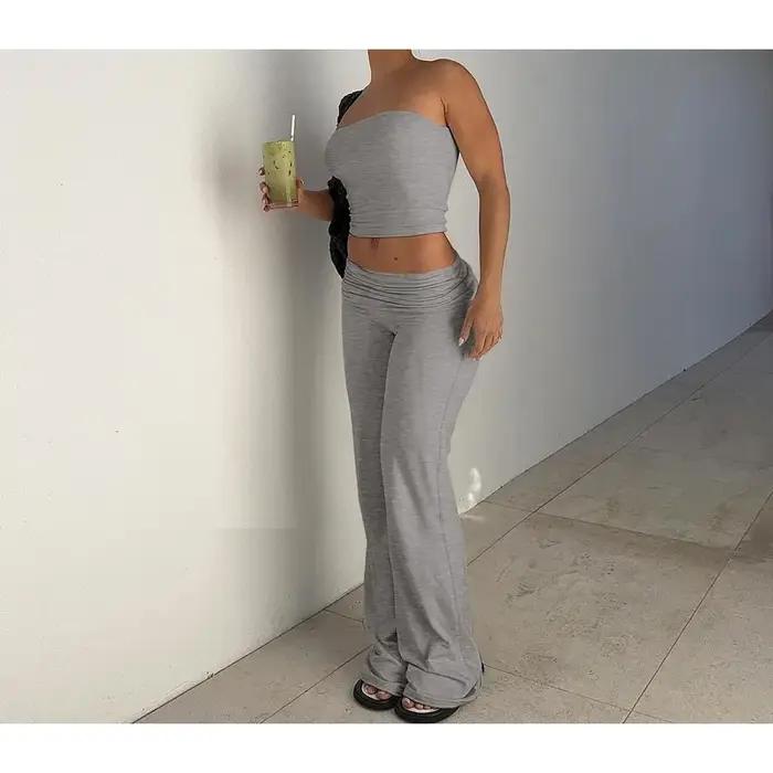 Vêtements pour femmes, haut tubulaire de couleur unie, pantalon évasé, costume Slim à la mode, printemps 2025