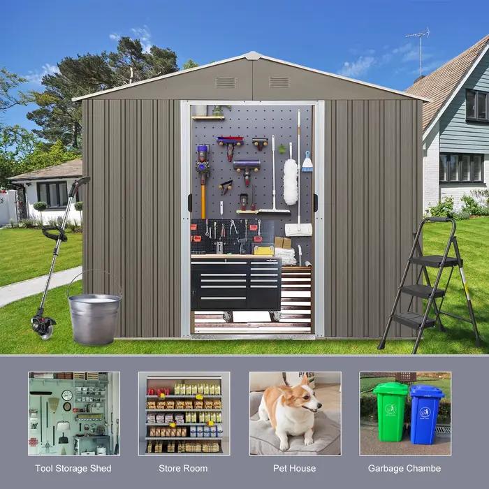 Abri de rangement extérieur en métal avec cadre de sol, porte verrouillable, jardin d'arrière-cour,