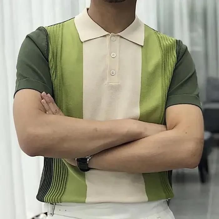 Polo à Manches Courtes en Tricot pour Homme, Vêtement de Luxe, Rétro, Boutonné, Patchwork, Mode Populaire, Business, Loisirs, Été