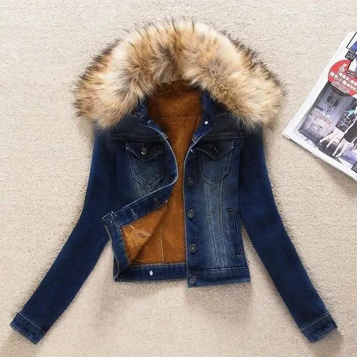 Veste en Jean polaire pour femme, manteau court à grand col en fourrure, doublure en velours épais,
