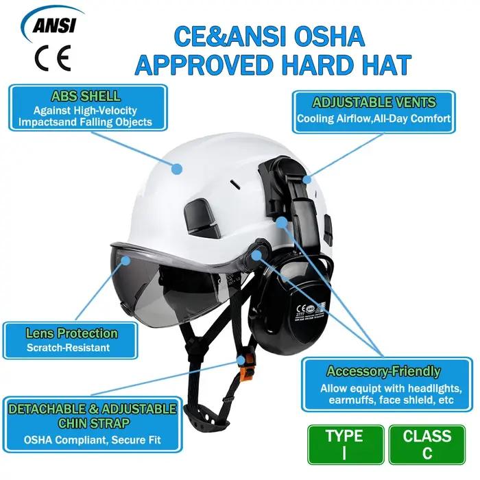 Casque de sécurité CE avec pare-soleil, lunettes de protection, protège-oreilles, casque léger en ABS, casque de protection réglable avec ventilation, protection de la tête, ANSI