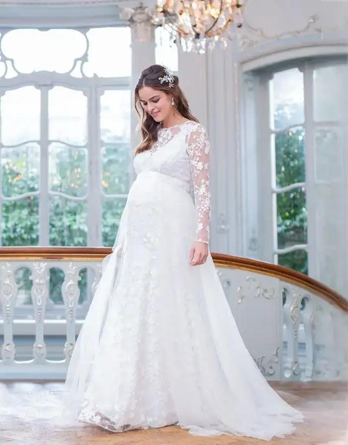 ALTERFull-Robe Longue Maxi en Dentelle, Manches sulf, en Forme de V, Ourlet au Dos, Bouffante, pour