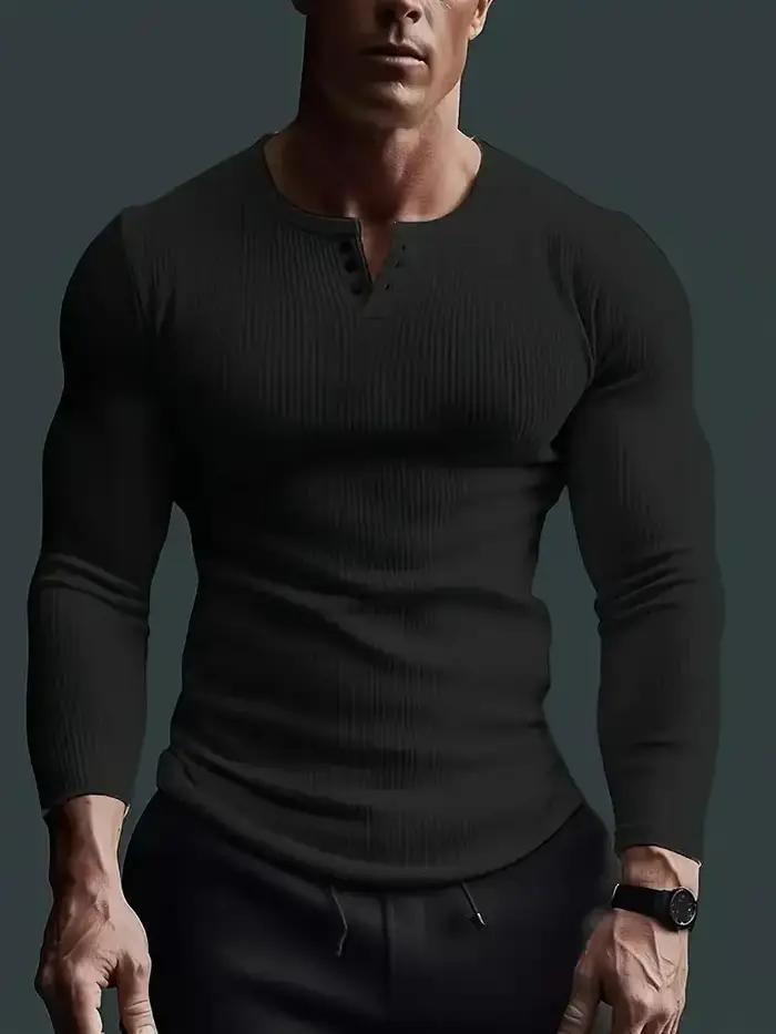 Automne hommes sans col boutonnage Henry petit haut Fitness haute Stretch Base chemise couleur unie grande taille décont