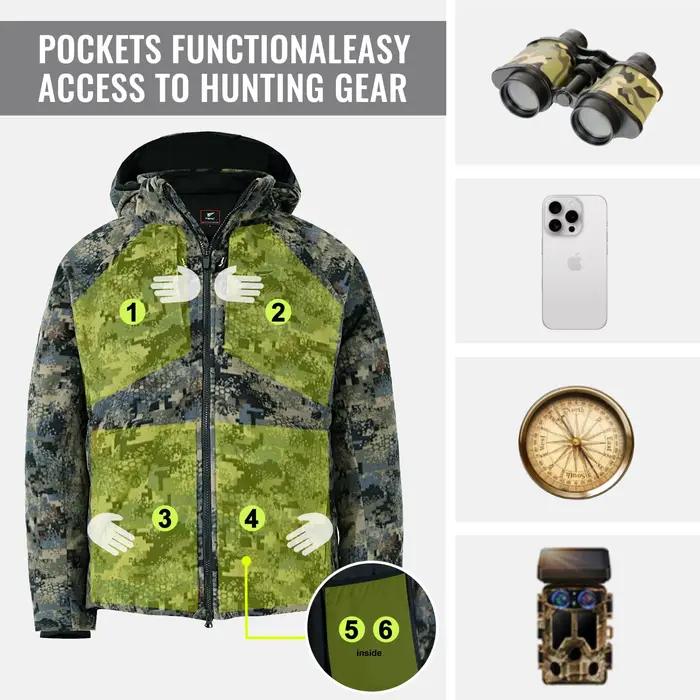 8 Fans Veste camouflage de chasse pour hommes – Manteau léger respirant 100 % polyester avec capuche et poches détachables