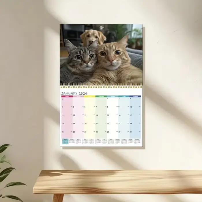 Calendrier Cat and Friends 2026 – Série Cat Selfie de 12 mois, édition anglaise, matériel papier, vue quotidienne, janvier à décembre