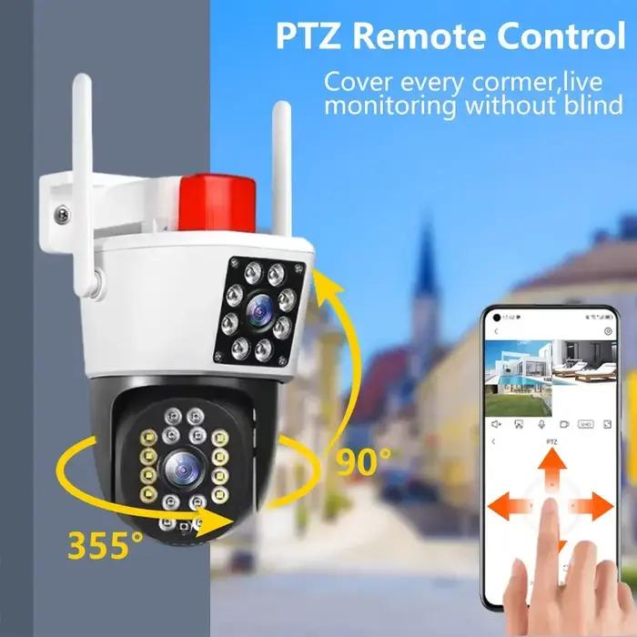 Caméra sécurité extérieure 8K 15MP 3 objectifs 3 écrans WiFi PTZ audio bidirectionnel étanche surveillance CCTV