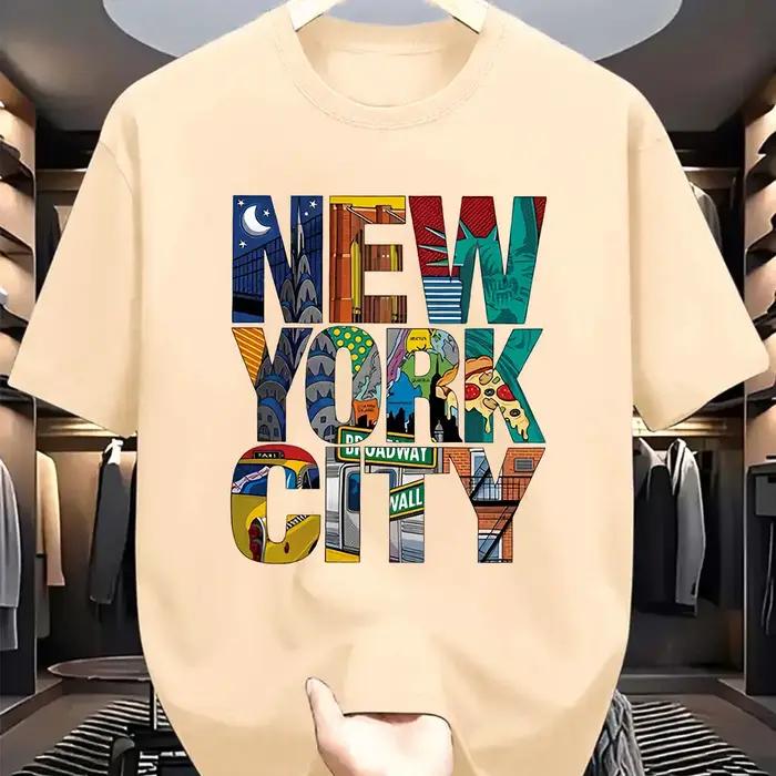Été hommes 100% pur coton décontracté coupe ample grande taille New York City imprimé confortable col rond à manches