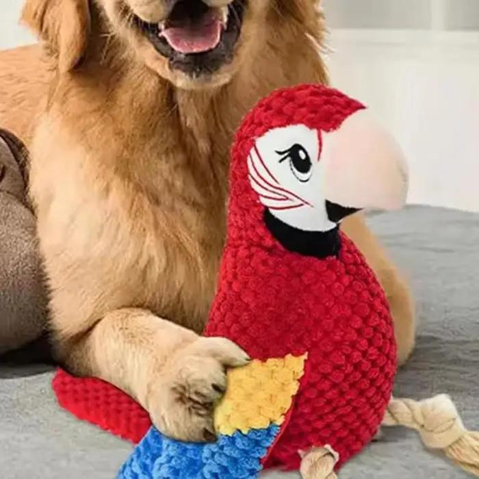 Jouet en peluche perroquet pour chien incassable qui couine, favorisant l'activité physique et la stimulation cognitive pour tous les types de chiens