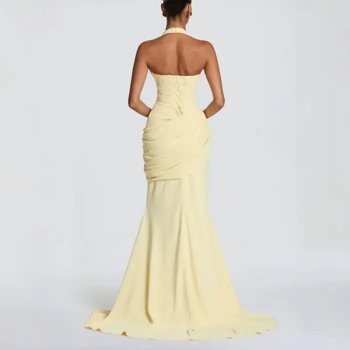 Robe longue sirène jaune beurre pour femme, dos froncé, à lacets, sans manches, élégante, pour soiré