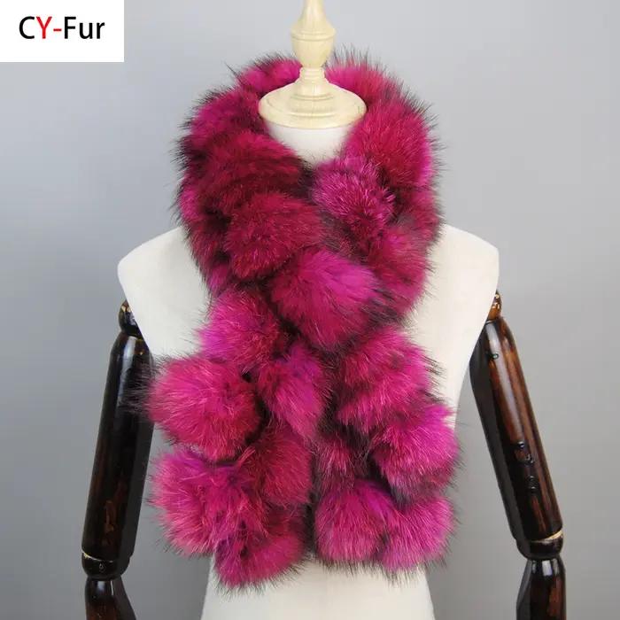 Nouveau Style de mode de luxe femmes réel fourrure de raton laveur foulards pompon dame hiver chaud