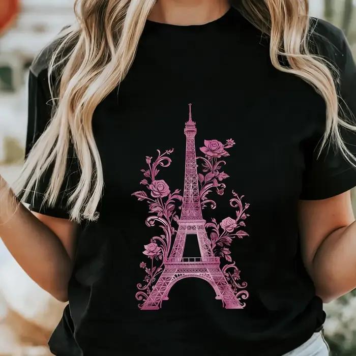 T-shirt Tour Eiffel Paris Rose Floral Vintage Cadeau Souvenir Français Mode Femme Occasions Spéciales