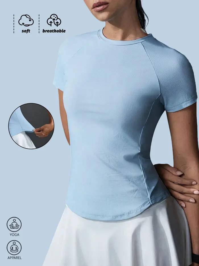 T-shirt bleu à manches courtes pour femme, coupe ajustée, col rond, tricoté, style streetwear sportif