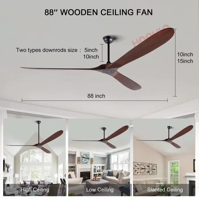 Ventilateur de plafond en bois de 88 pouces avec lumières LED, moteur DC, 6 vitesses, ventilateurs d