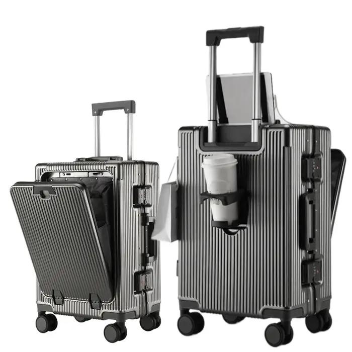 Valise de poche à ouverture avant, cadre en alliage d'aluminium, bagages roulants avec prise de char