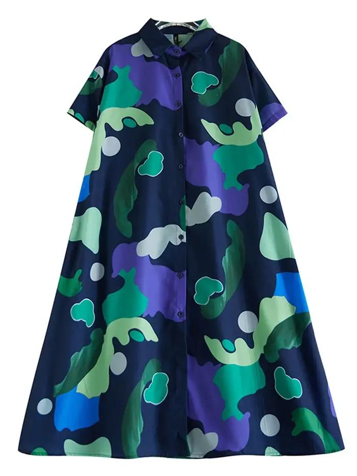 Robe chemise vintage imprimée patchwork bleu marine ample décontractée pour femmes été style moderne occassions spéciales