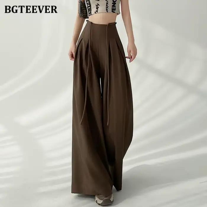 BGTEEVER élégant à lacets taille haute longueur au sol costume pantalon femmes printemps été poches