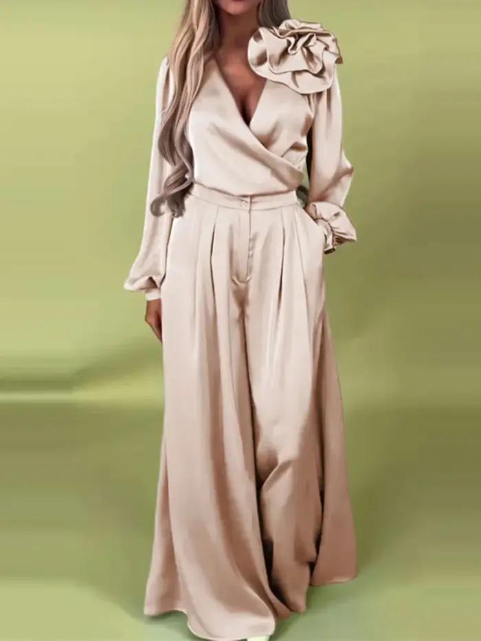 Ensemble deux pièces assorti pour femmes, décontracté, col en V, couleur unie, manches longues, jamb