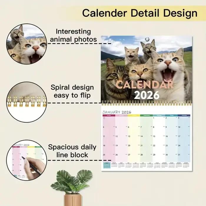 Calendrier Cat and Friends 2026 – Série Cat Selfie de 12 mois, édition anglaise, matériel papier, vue quotidienne, janvier à décembre